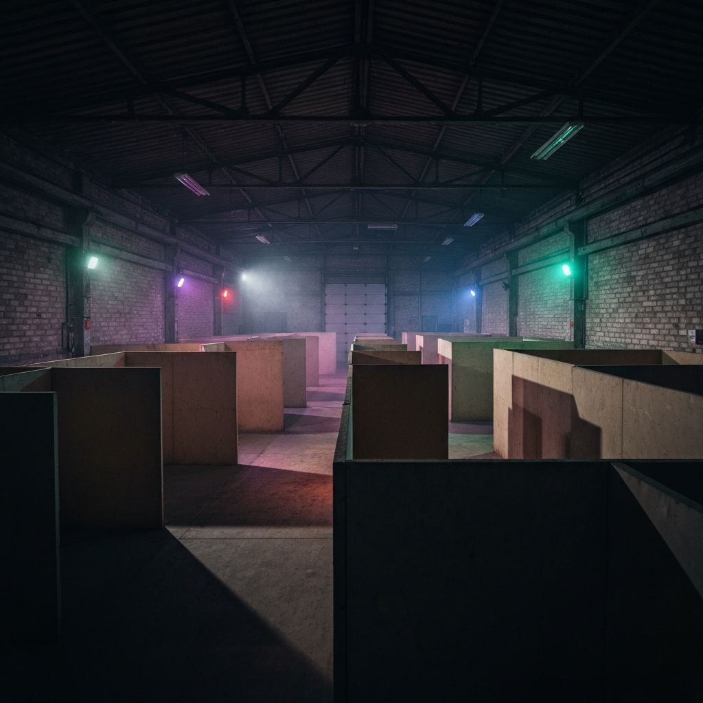 Indoor CQB airsoft arena with dramatic lighting