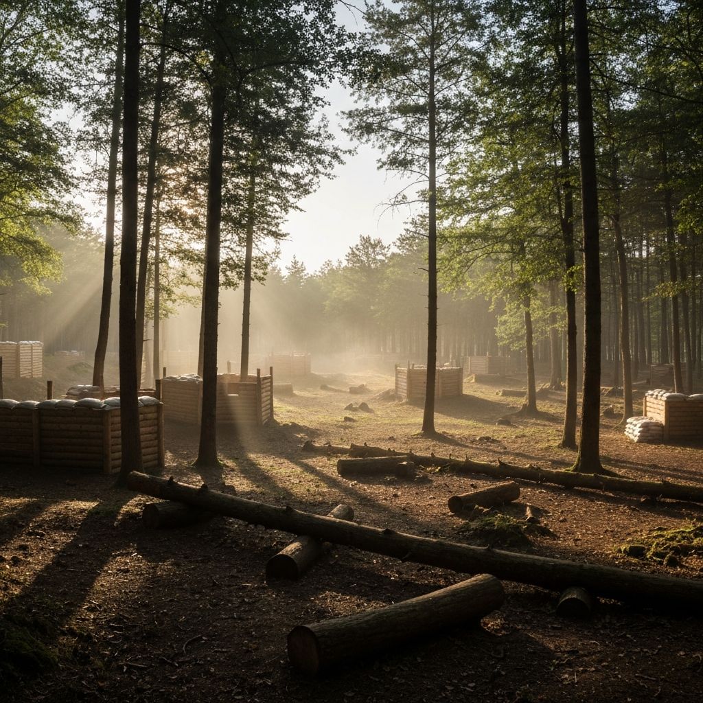 Outdoor woodland airsoft field with natural cover